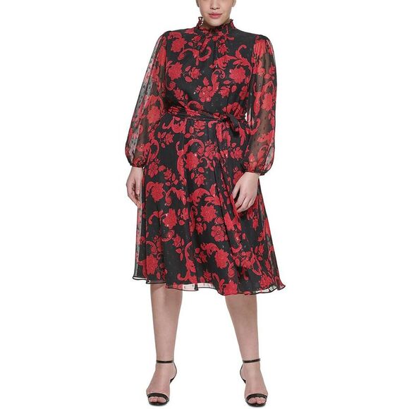 Jessica Howard Women's Long Sleeve MIDI Dress Black Size 18W